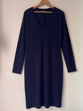 Norma Kamali Navy Stretch Jersey V-Neck Midi Dress Size Large